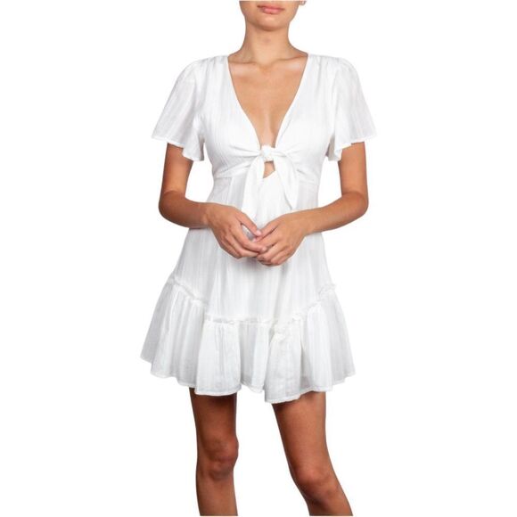 Cotton Candy LA Juniors Size Small Dress White Tie Front Low V Neck Ruffle Lined - Picture 4 of 12